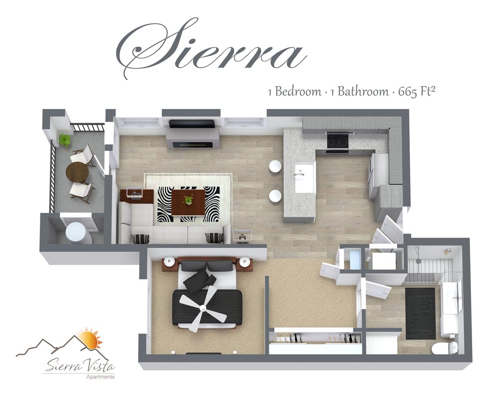 Sierra Vista Apartments Studio Floorplan with washer/dryer shower