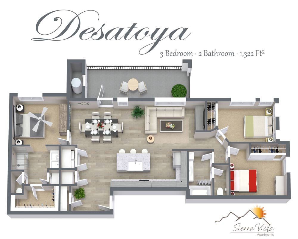 Sierra Vista Apartments Three Bedroom Floorplan with washer/dryer shower walk-in closet
